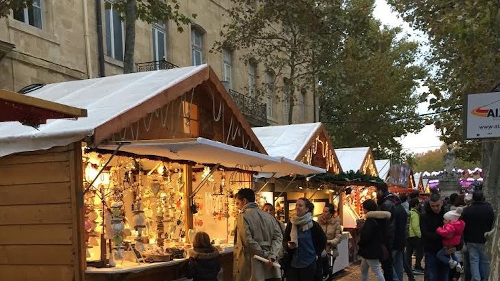 Chalets on the Cours Mirabeau in Aix-en-Provence, France. The booths made up a Christmas market, which Rosenstock visited instead of celebrating Thanksgiving.