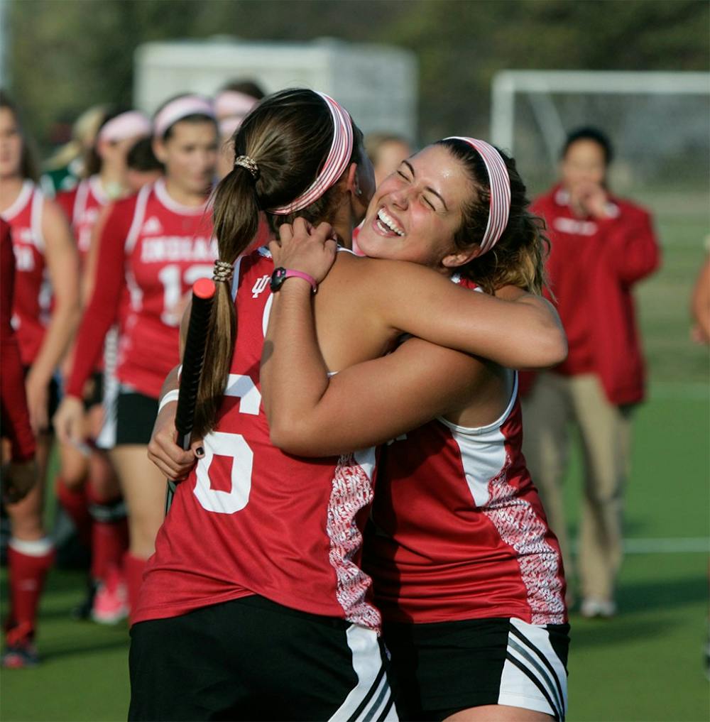 Pictured from left to right, seniors Nicole Volgraf and Rachel Stauffer embrace each other at the end of the match against Rutgers on Friday. The Hoosiers defeated Rutgers on senior night 1-0. 