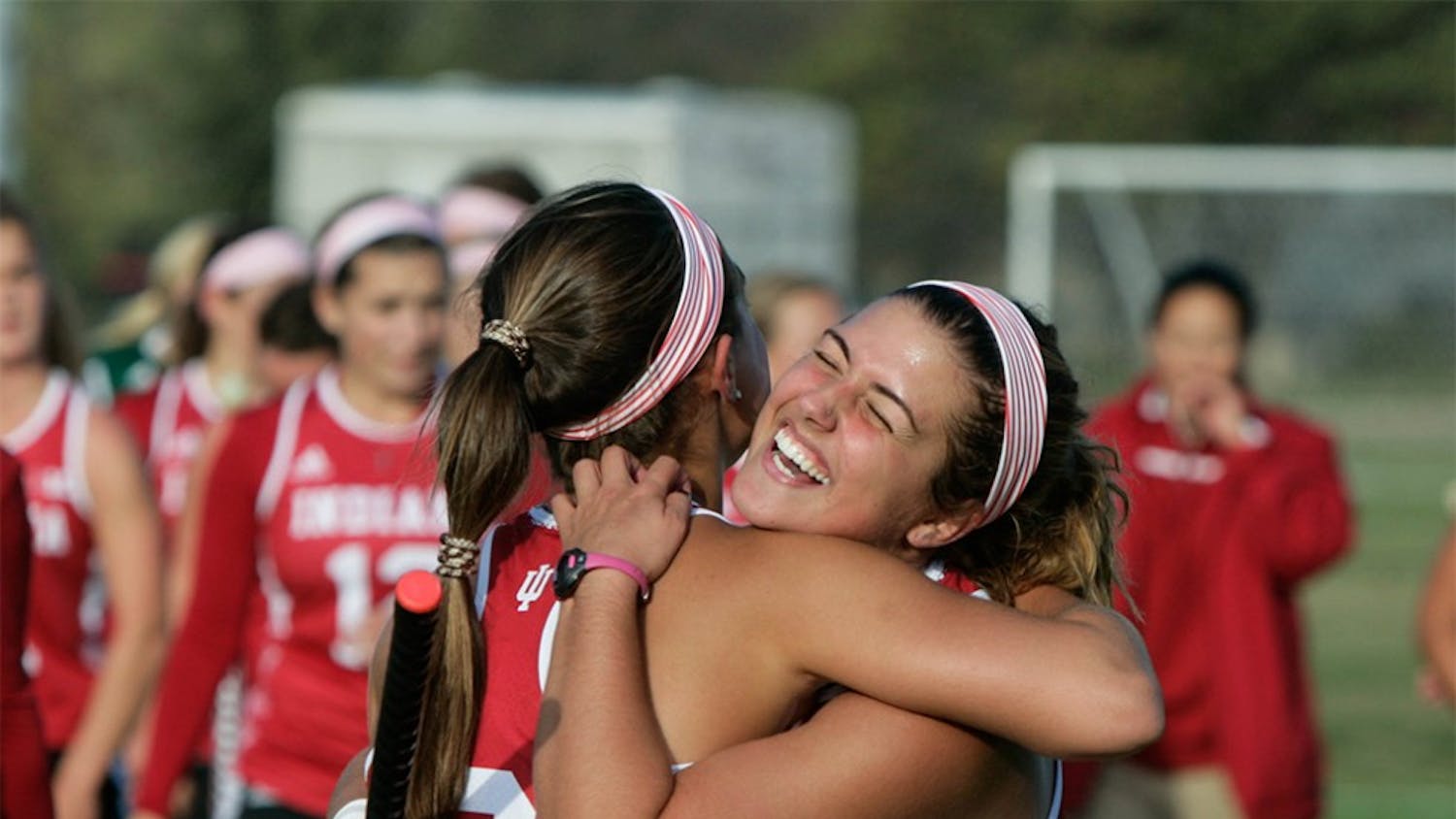 Pictured from left to right, seniors Nicole Volgraf and Rachel Stauffer embrace each other at the end of the match against Rutgers on Friday. The Hoosiers defeated Rutgers on senior night 1-0. 