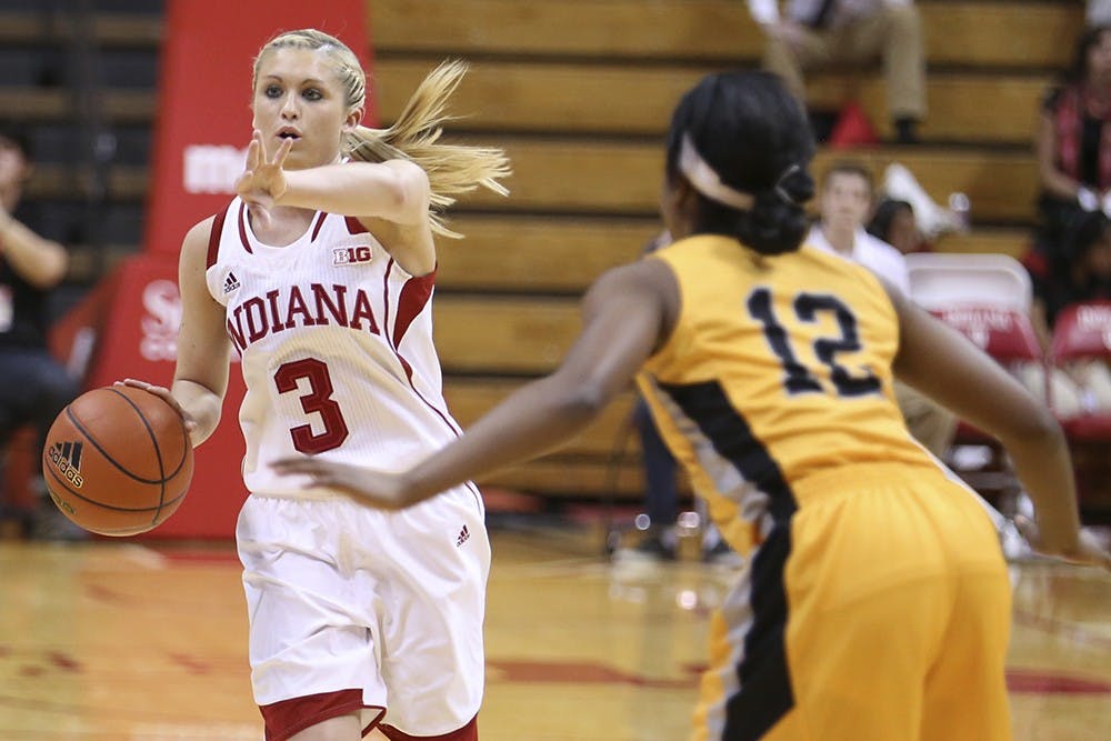 Freshman forward Amanda Cahill surveys the court during IU's game against Valpraiso on Tuesday at Assembly Hall.