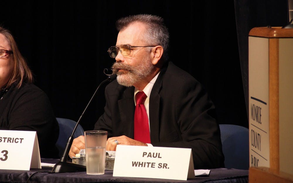 Paul White Sr., a candidate from District 3, responses to the questions from the audience during the League of Women's Voters Candidate Forum event Thursday at the Monroe County Public Library.