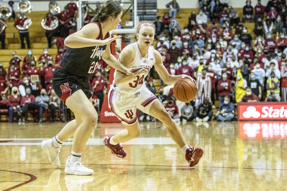 <p>Senior guard Grace Berger drives into the lane against Nebraska on Jan. 13, 2022, at Simon Skjodt Assembly Hall. Indiana lost to Iowa 91-96 on Feb. 19, 2022, at Simon Skjodt Assembly Hall.  </p>
