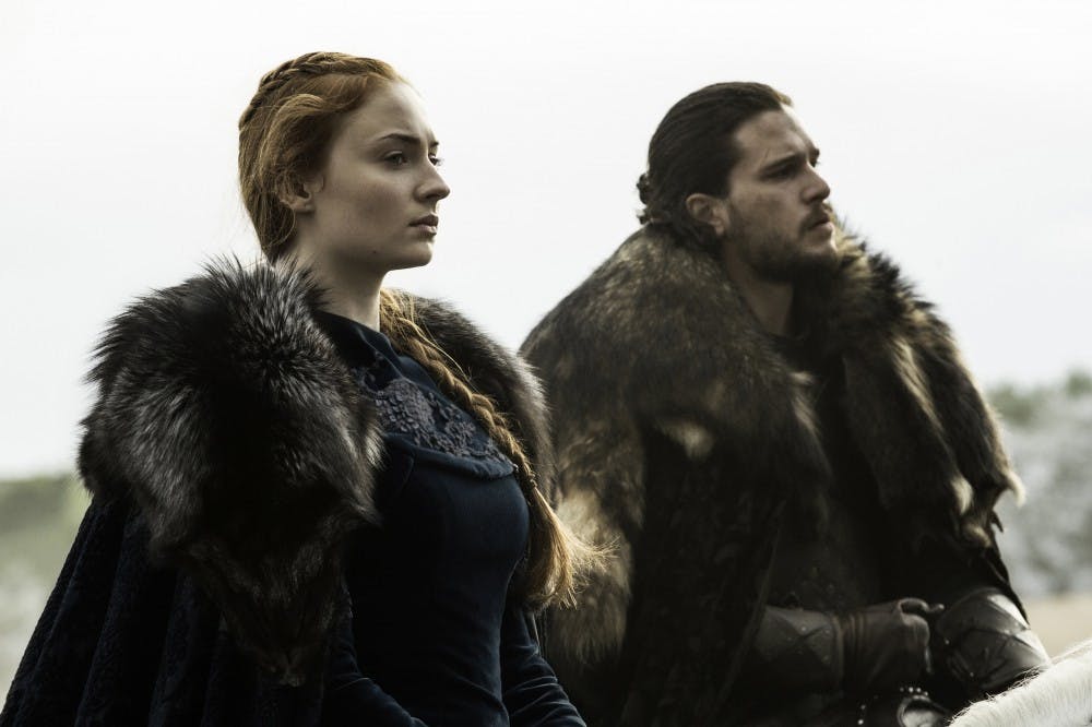 Sophie Turner and Kit Harington as Sansa Stark and Jon Snow in season six of “Game of Thrones,” which received the most nominations of any show this year with 23, including Outstanding Drama Series.&nbsp;