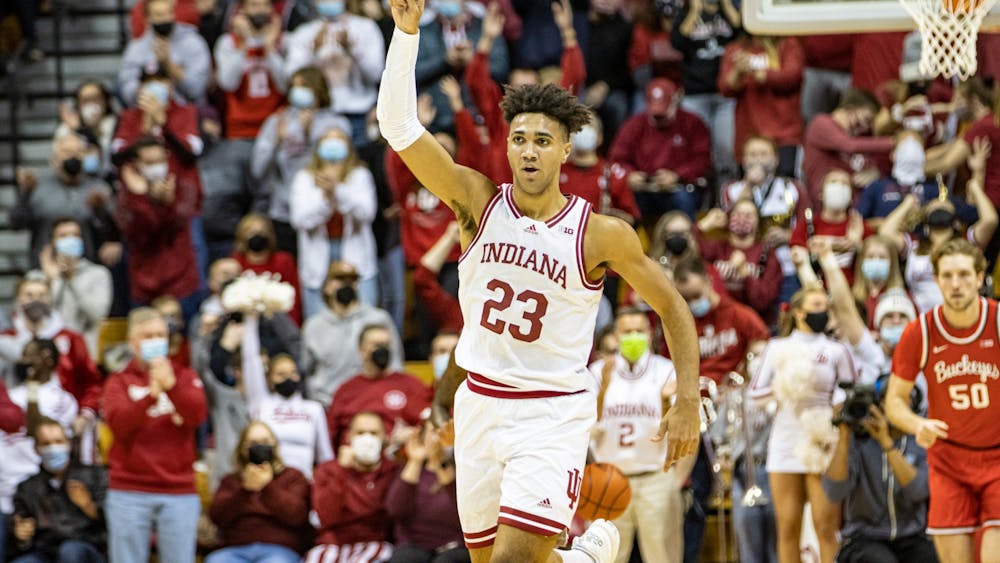Then-junior Trayce Jackson-Davis celebrates a basket during the win against Ohio State on Jan. 6, 2021, at Simon Skjodt Assembly Hall. Jackson-Davis earned Preseason Second Team All-American honors on Oct. 25, 2022.