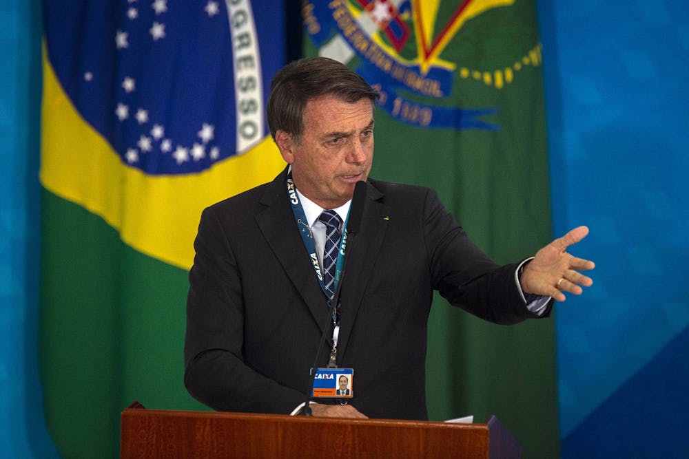 Brazil&#x27;s President Jair Bolsonaro speaks on Aug. 20 in Brasilia, Brazil.