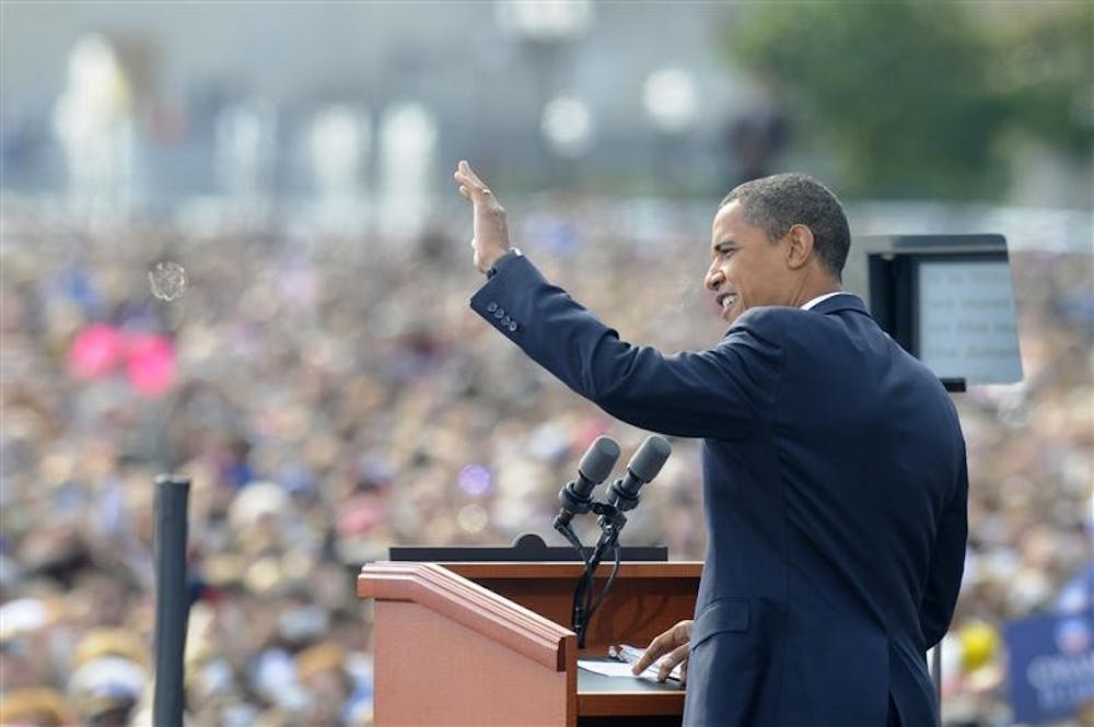 Democratic presidential candidate Sen. Barack Obama, D-Ill., speaks to a crowd of more than 35,000 people during a rally Thursday at the American Legion Mall in Indianapolis.