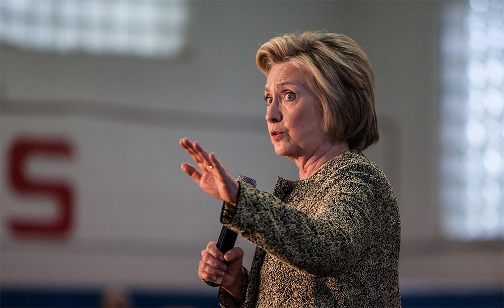 Presidential candidate Hillary Clinton speaks at the Douglass Park Gymnasium in Indianapolis on Sunday ahead of the May 3 Primary Elections in Indiana. Clinton spoke about a slew of topics including healthcare, foreign policy and drug addiction.