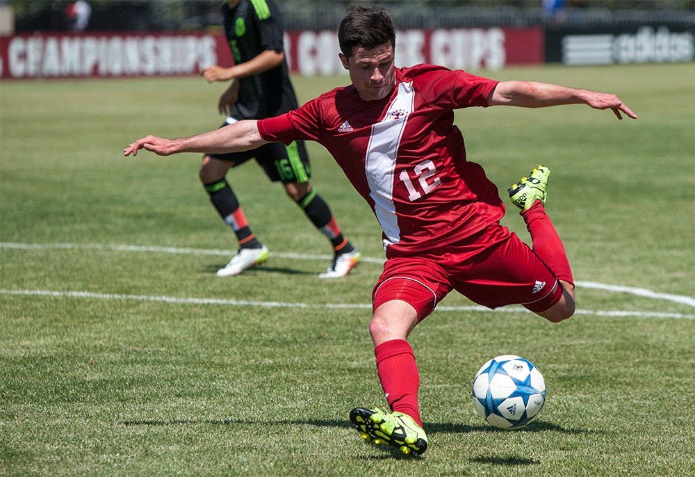 Freshman forward Austin Panchot shoots the ball against the Mexican U-20 National Team on Sunday at Bill Armstrong Stadium. The Hoosiers beat Mexico 2-0.