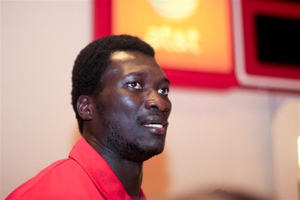 Center Tijan Jobe answers questions from the media on Wednesday afternoon at Assembly Hall.