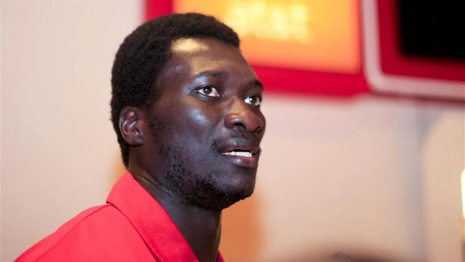 Center Tijan Jobe answers questions from the media on Wednesday afternoon at Assembly Hall.