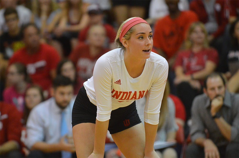 Senior Taylor Lebo prepares for the ball to go into play in the game against Purdue on Oct. 7. The Hoosiers lost 0-3.