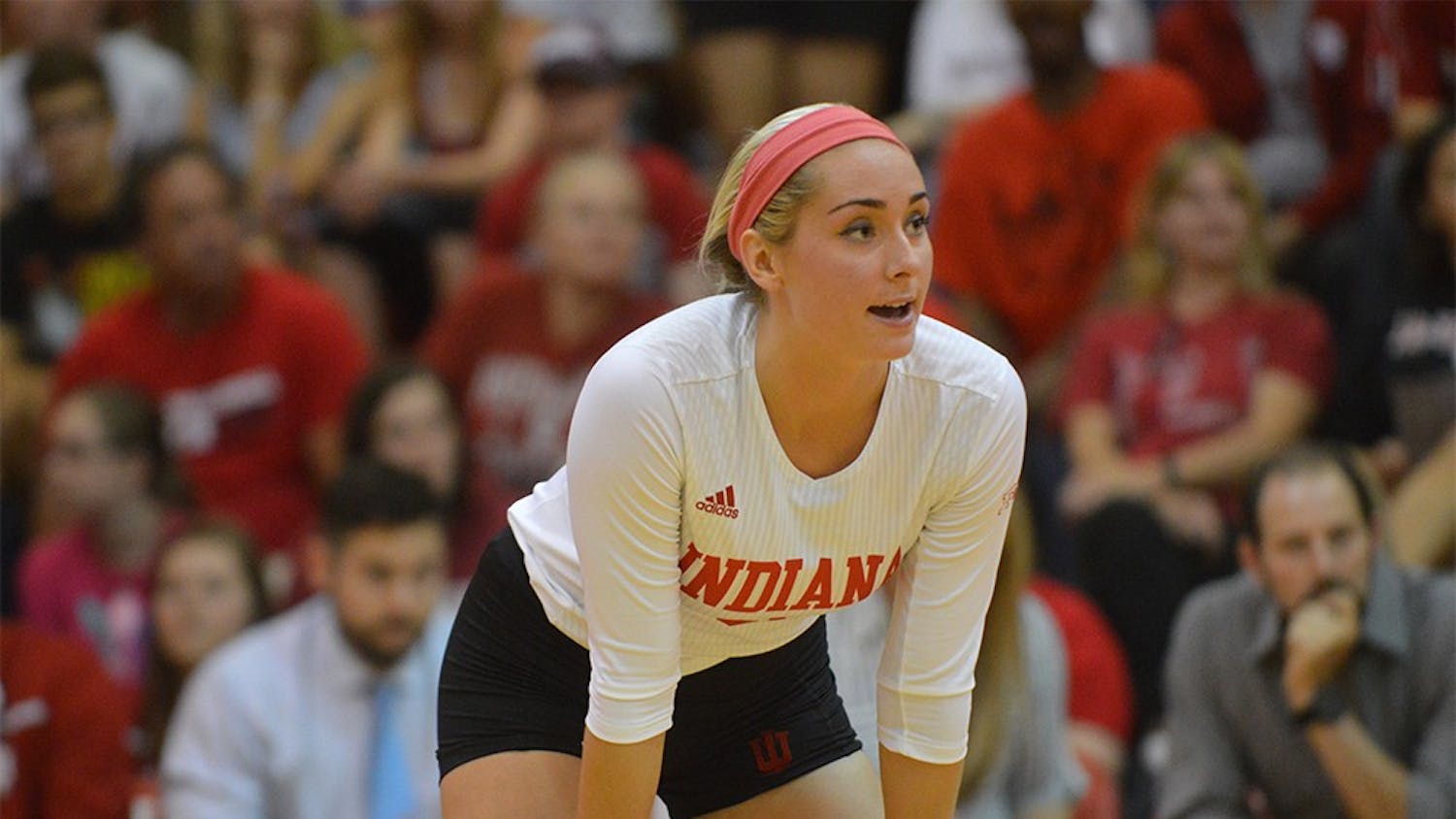 Senior Taylor Lebo prepares for the ball to go into play in the game against Purdue on Oct. 7. The Hoosiers lost 0-3.