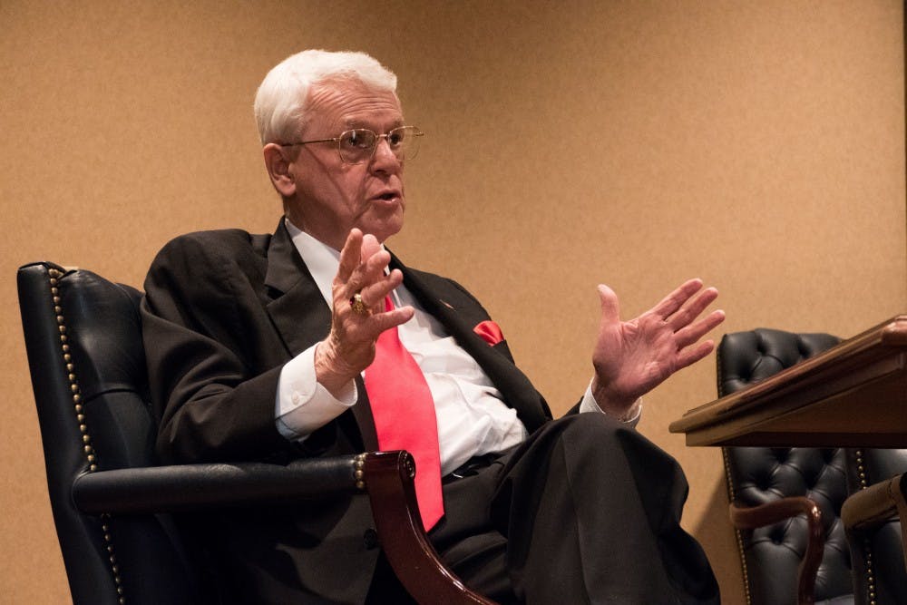 Attourney Ken Nunn reflects on his life at his office in Bloomington, Indiana on Monday. He emphasizes hard work and dedication.