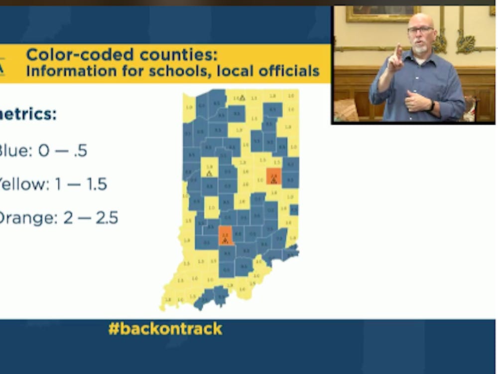 周三，Zoom与州长埃里克·霍尔科姆(Eric Holcomb)开会时，屏幕上显示的是印第安纳州地图，门罗和特拉华州的两个县被涂成了橙色。奥兰治县的COVID-19社区传播处于中等至高水平。