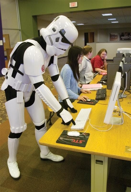 IU student Cole Horton checks his email Jan. 28, 2007 at the Wilkie Residence Center. Horton is a member of the local Bloomington Star Wars club, the Hoosier Alliance.
