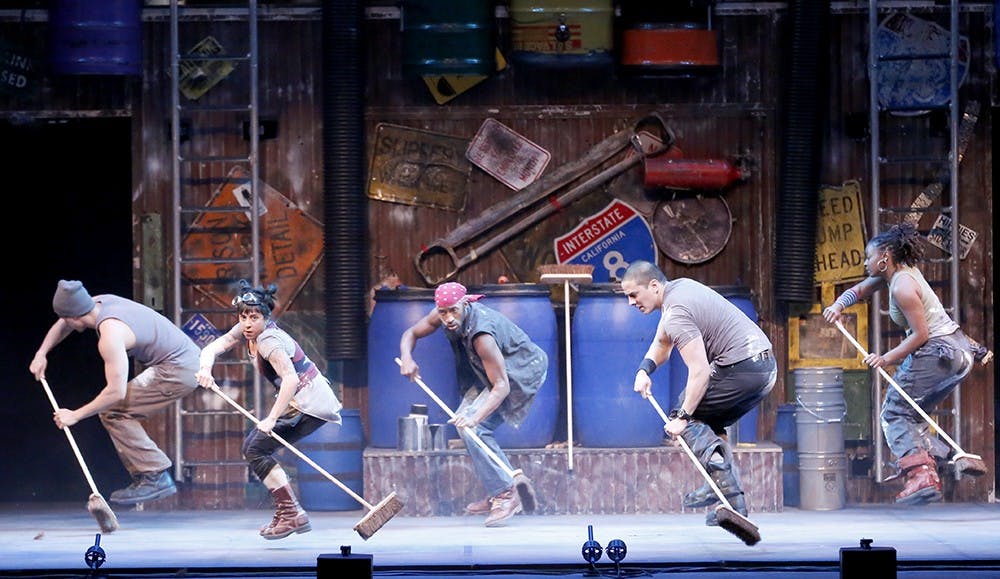 Performers play "STOMP" Wednesday at IU Auditorium. STOMP is a percussion performance using matchboxes, brooms, cans, and lighters, started in Brighton, UK, 1991.  
