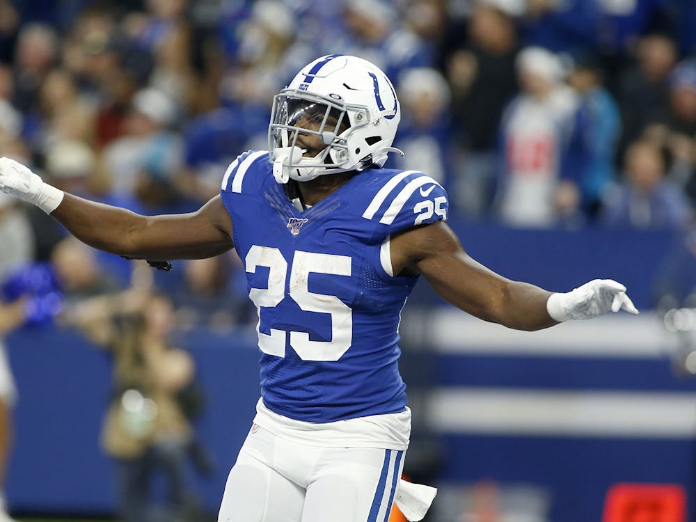 Colts running back Marlon Mack of the Colts celebrates after scoring a touchdown in the against the Panthers on Dec. 22, 2019, in Indianapolis. 