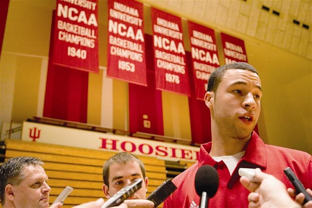 Junior transfer guard Jeremiah Rivers speaks with the media Thursday afternoon at Assembly Hall. Rivers, the son of Boston Celtics head coach Doc Rivers, transferred to IU from Georgetown University.