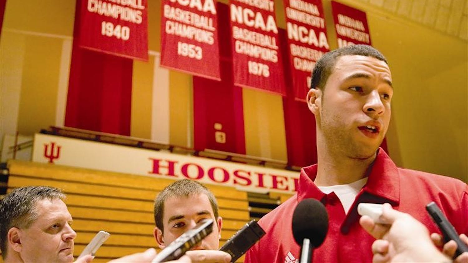 Junior transfer guard Jeremiah Rivers speaks with the media Thursday afternoon at Assembly Hall. Rivers, the son of Boston Celtics head coach Doc Rivers, transferred to IU from Georgetown University.