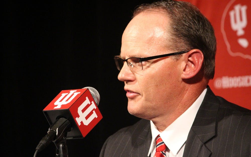 Tom Allen talks in front of the media Wednesday night following Kevin Wilson's resignation from the football program. Allen who was hired as the defensive coordinator for this season will take over as head coach immediately and Glass said he will earn a six-year contract with details to be finalized later. 
