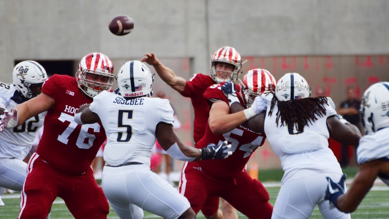 Sophomore quarterback Peyton Ramsey throws the ball towards the goal line during the first quarter of the game against Charleston Southern on Oct. 7. IU will look to win its first Big Ten game this Saturday at Maryland.