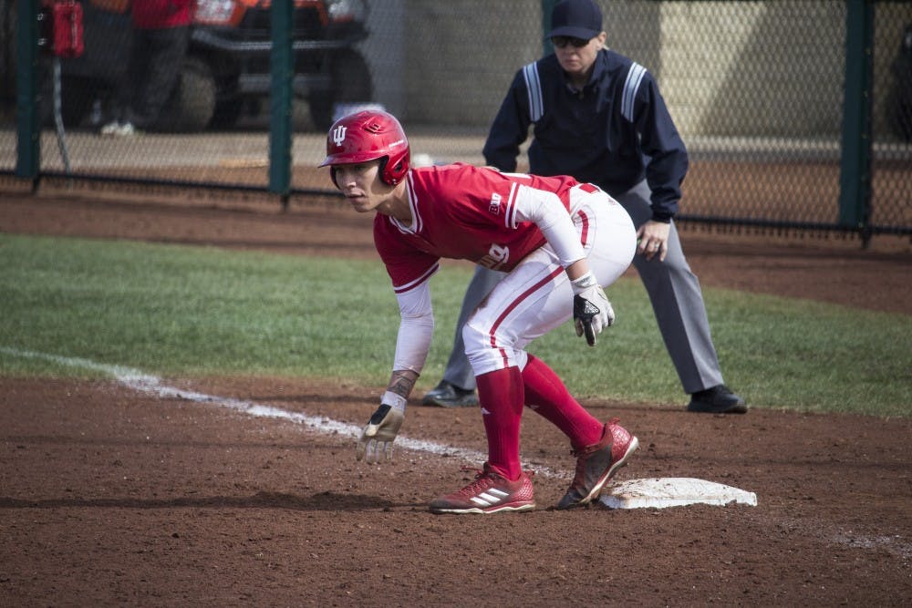 <p>Senior infielder Rachel O'Malley eyes up second base late in Hoosiers’ game against UIC Sunday, March 18. The IU softball team split a doubleheader Tuesday with Butler.</p>