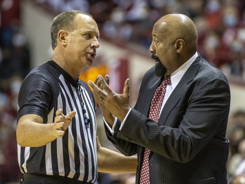 Indiana head coach Mike Woodson talks to a referee during the game against Minnesota on Jan. 9, 2022, at Simon Skjodt Assembly Hall. 