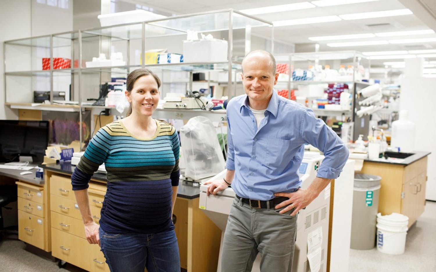 Cris Ledón-Rettig and Armin Moczek pose in their lab.  Their research found a master gene, which regulates psychical differences between male and female.&nbsp;