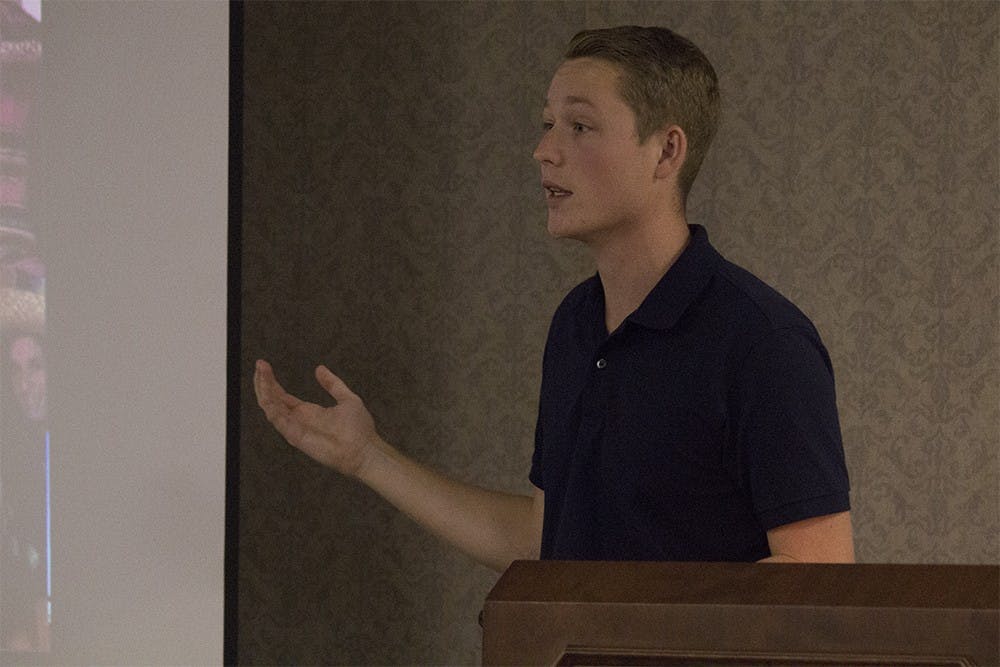 Patrick Holbrook, Culture of Care co-chair, helps to lead the bystander intervention training with IUSA executive members. The training was part of a two day retreat aimed at helping students learn techniques to use in potentially dangerous situations.