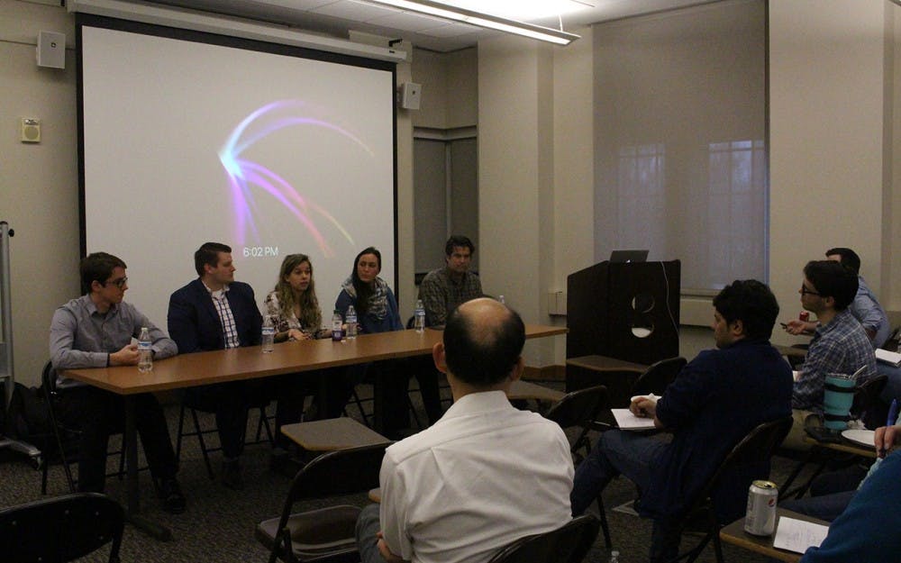 Ellie Symes speaks about her experiences as CEO of the Bee Corp. She was a part of a panel discussing non-lab-based science careers Thursday evening&nbsp;in Simon Hall.&nbsp;