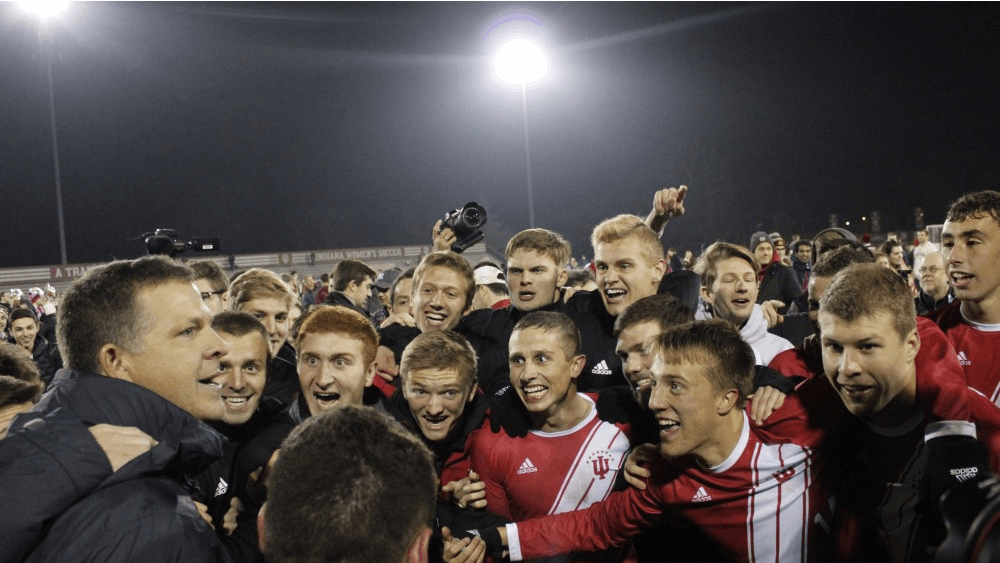 Head coach Todd Yeagley congratulates his players on winning the quarterfinals of the NCAA Tournament on Nov. 30 at Armstrong Stadium. The Hoosiers will move on to the next round of the tournament following a 1-0 win against Notre Dame.&nbsp;