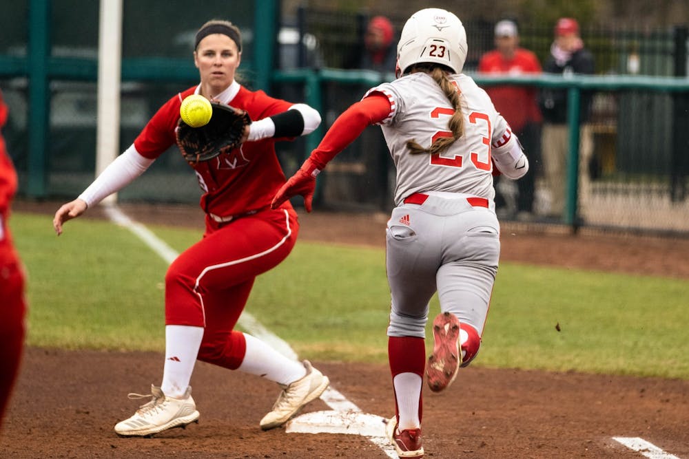 <p>Senior Gabbi Jenkins runs to first base and was called safe by the umpire March 10 at Andy Mohr Field. IU will compete in The Spring Games Thursday through Saturday in Madeira Beach, Florida. </p>