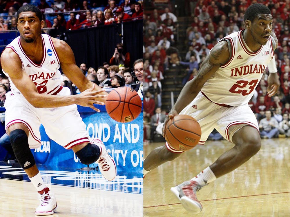 At left, then-junior guard Maurice Creek handles the ball during IU&#x27;s 83-62 win against James Madison on March 22, 2013, at the University of Dayton Arena. At right, then-sophomore Remy Abell runs toward the basket against Penn State on Jan. 23, 2013, at Assembly Hall. The Hoosiers won 72-49. Creek and Abell are both playing for Sideline Cancer in this year&#x27;s The Basketball Tournament.