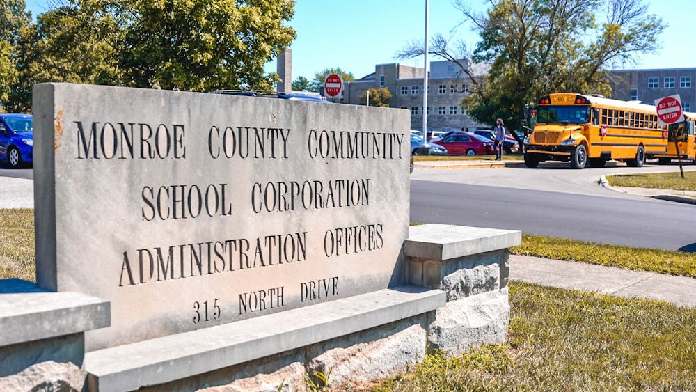 A sign for the Monroe County Community School Corporation Administration Offices is seen Sept. 2, 2021, during the afternoon dismissal at Bloomington South High School. MCCSC announced Tuesday they will no longer require students, staff or families to wear masks in school after March 4.