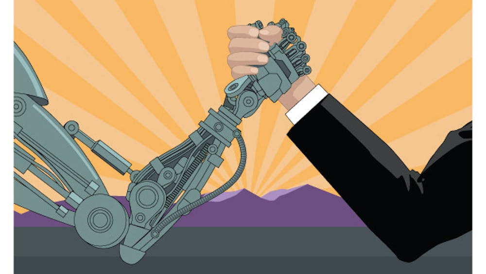 An illustration by Jeff Goertzen shows a robot arm wrestling a human hand. Society is grappling with the ever-increasing presence of artificial intelligence in everyday life. 