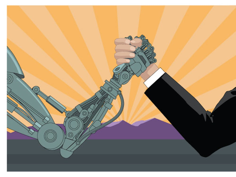 An illustration by Jeff Goertzen shows a robot arm wrestling a human hand. Society is grappling with the ever-increasing presence of artificial intelligence in everyday life. 