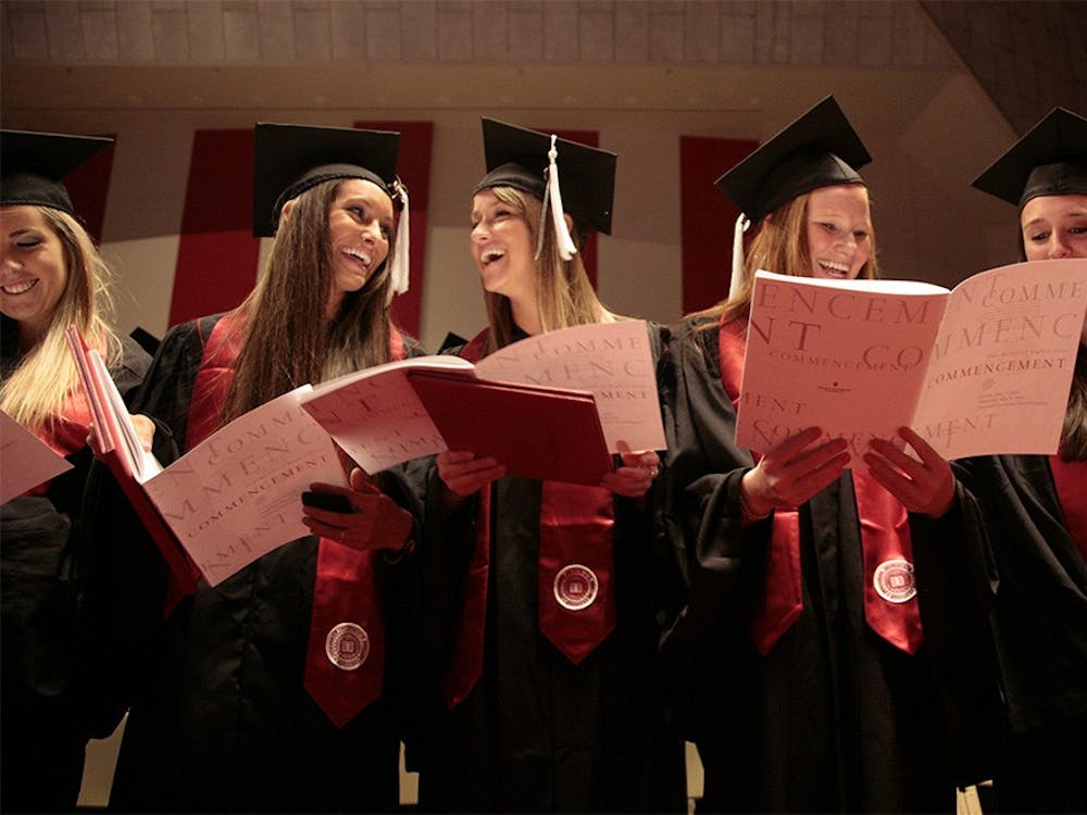 Graduates sing the IU alma mater "Hail to Old IU" near the conclusion of IU's 181st spring Commencement Ceremony on Saturday, May 8th, 2010 at Assembly Hall