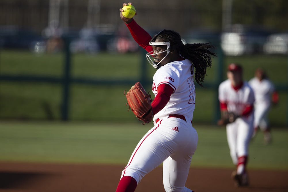 <p>Sophomore Brianna Copeland throws a pitch March 28, 2023, at Andy Mohr Field. Indiana softball takes on Ohio State in a three-game series this weekend.﻿</p>
