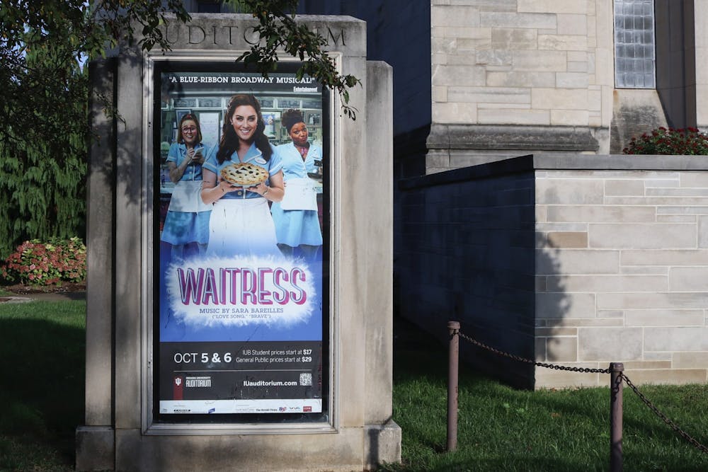 <p>The poster for &quot;Waitress&quot; is seen on Oct. 4, 2021, outside the IU Auditorium. The show made its Bloomington debut on Oct. 5 and closes Oct. 6.</p>