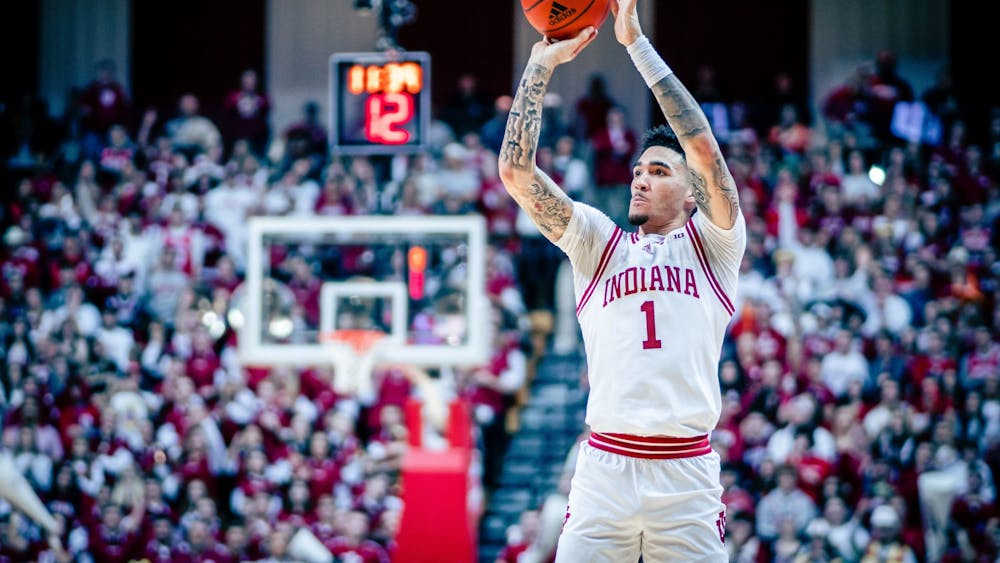 Freshman guard Jalen Hood-Schifino shoots a 3-pointer Jan. 28, 2023, at Simon Skjodt Assembly Hall in Bloomington. The Hoosiers beat Ohio State 86-70.