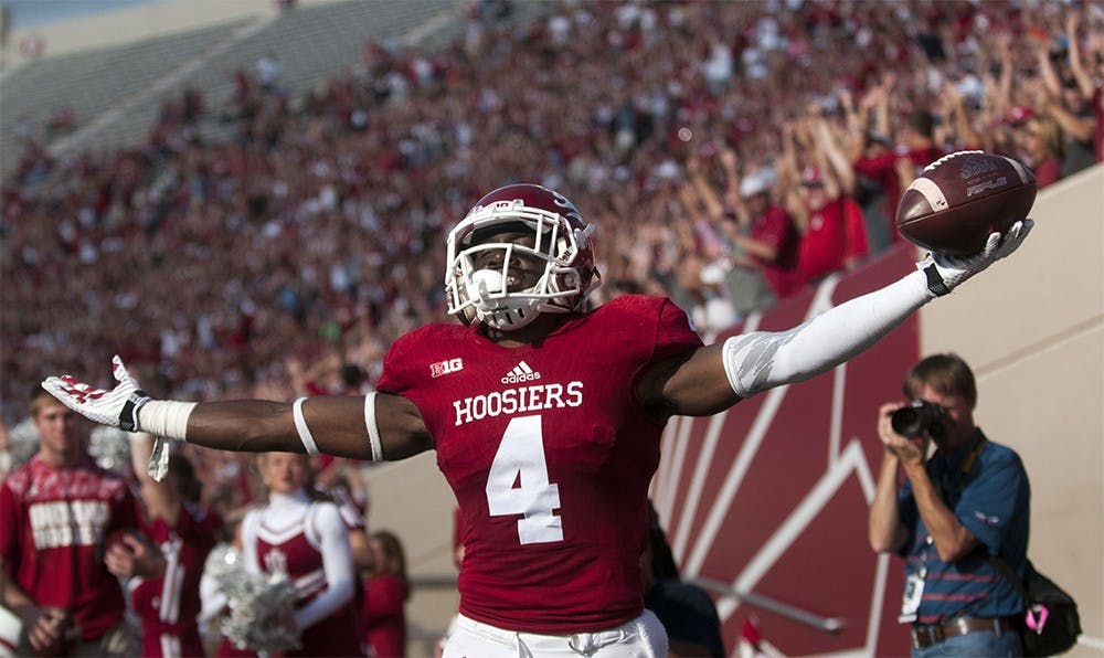 Wide receiver Ricky Jones celebrates after scoring a touchdown against Western Kentucky on Saturday at Memorial Stadium. The Hoosiers won, 38-35.