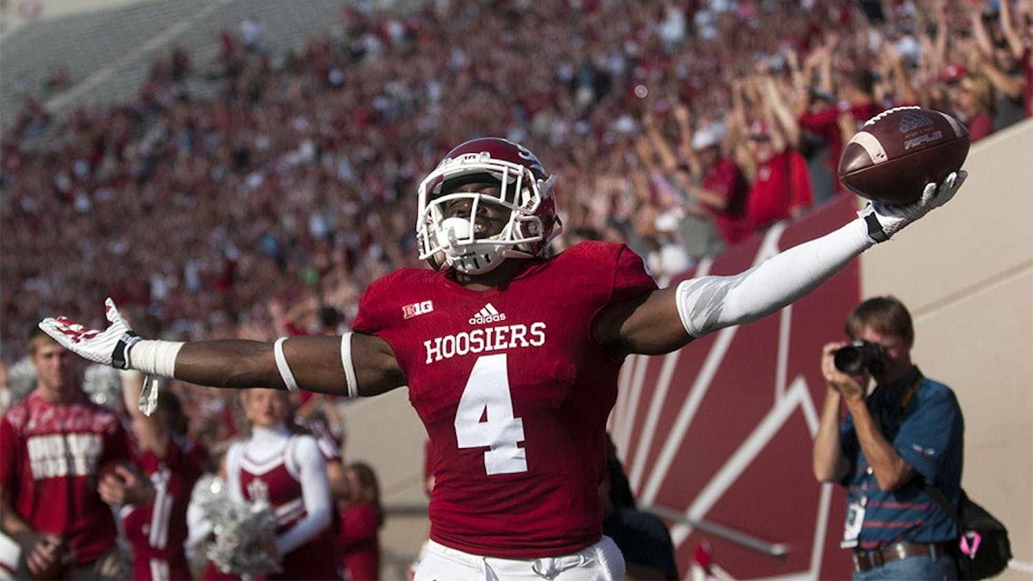 Wide receiver Ricky Jones celebrates after scoring a touchdown against Western Kentucky on Saturday at Memorial Stadium. The Hoosiers won, 38-35.