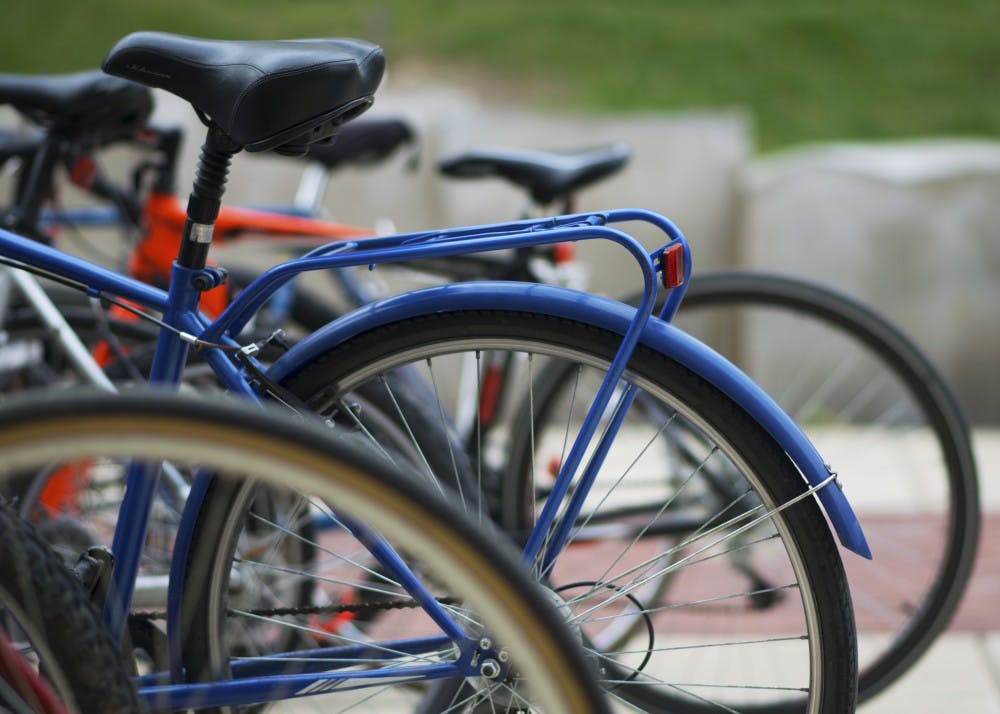 <p>Bikes park outside of Franklin Hall on Wednesday afternoon. IU was recently designated as a silver level, bicycle-friendly university by the League of American Bicyclists.</p>