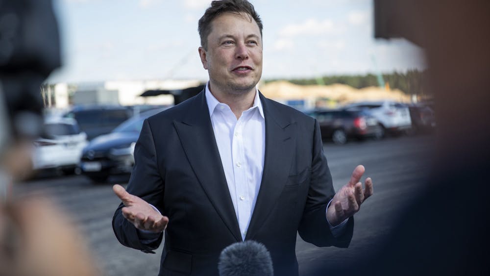 Elon Musk is pictured talking at the new Tesla Gigafactory near Berlin on Sept. 3, 2020. 