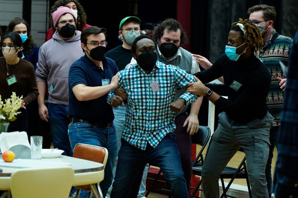 <p>Sylvester Makobi, center, sings the role of Nate in a staging rehearsal with chorus members Charles Vega, left, and Wynton Gage, right. The opera “Highway 1” will be performed at the Musical Arts Center on Feb 4, 5, 11 and 12, along with “19,” a ballet featuring choreography by Sasha Janes. <br/><br/> <br/></p>