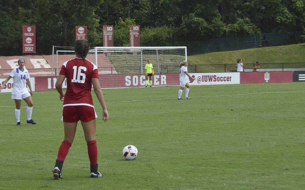 Kylie Kirk prepares for a penalty kick during the Hoosiers match against Southern Methodist University on Sep. 5 at Bill ARmstrong Stadium. SMU won the match 2-to-1. 
