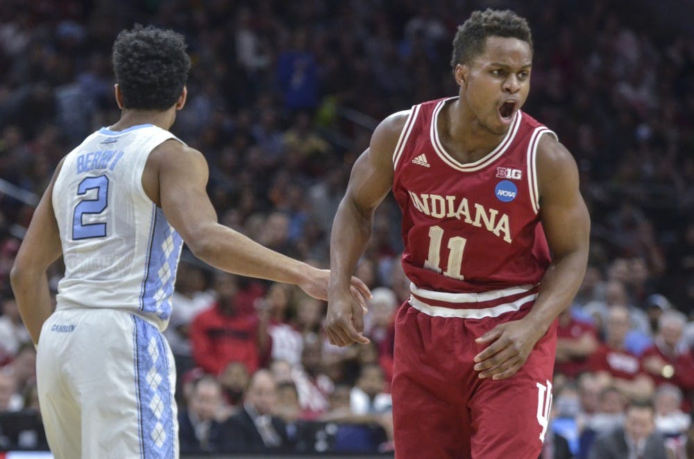 Senior guard Yogi Ferrell shouts after a North Carolina foul on Friday at the Wells Fargo Center. Indiana lost 101-86.