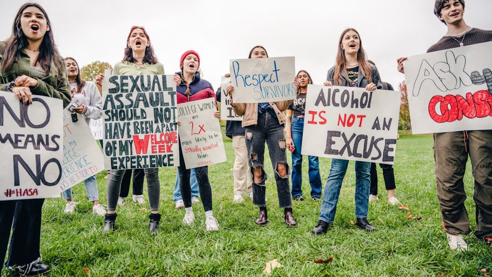 IU students chant during the Hoosier Against Sexual Assault protest on Oct. 22, 2021, in Dunn Medow. The demonstration was planned to advocate for a safer campus for students.