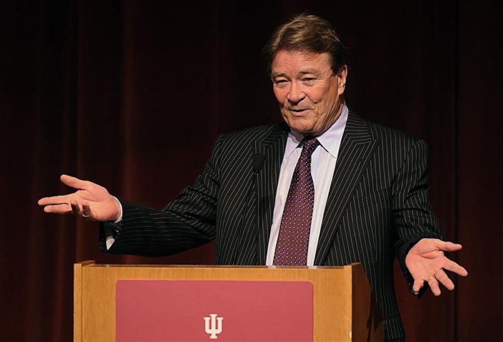 CBS "60 Minutes" reporter Steve Kroft speaks Tuesday at the Buskirk-Chumley Theater. Kroft's speech, part of the IU School of Journalism speaker series, ranged from his background at CBS to the current economic crisis.
