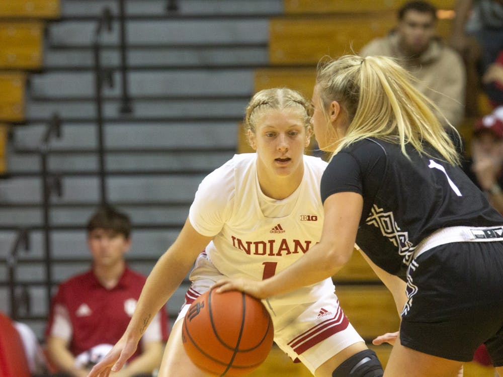 Freshman guard Lexus Bargesser defends a Kentucky Wesleyan University player on November 4, 2022, at Simon Skjodt Assembly Hall. Indiana women&#x27;s basketball defeated Butler 67-50 on Wednesday.
